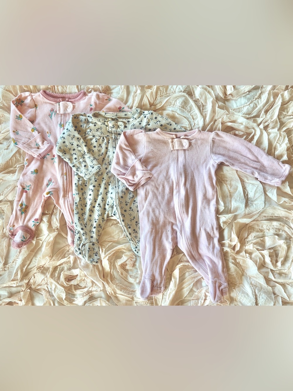 Carter's Light Pink & Cream Floral Footed One-Piece, 3 Piece Bundle